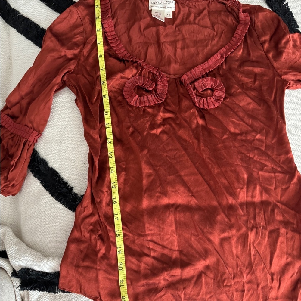 Vintage blouse top silk ruffles rosettes rust copper 3/4 long sleeve scoop Y2K - Picture 7 of 8